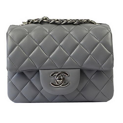 Geantă Chanel Classic MINI cu clapă gri, piele de oaie originală CF1115 argintie