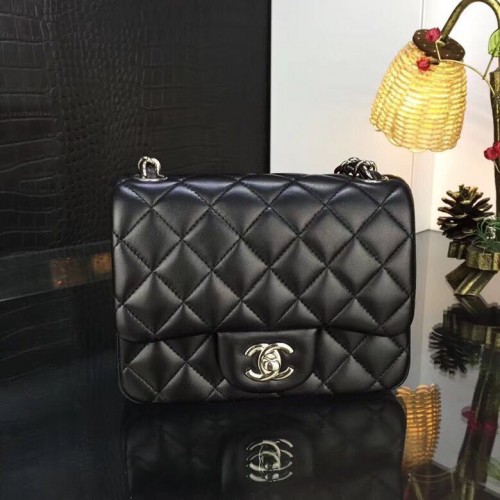 Geantă Chanel Classic MINI cu clapă, piele de oaie originală A1115, lanț negru argintiu