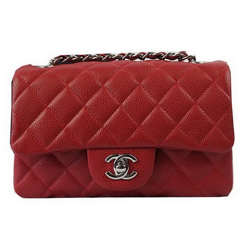 Geantă Chanel Classic MINI cu clapă, model Cannage roșu CF1119 argintiu