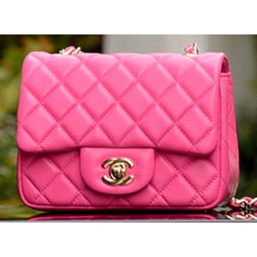 Geantă Chanel Classic MINI cu clapă, piele de oaie roz A37585 aurie