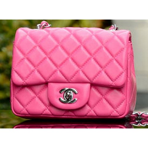Geantă Chanel Classic MINI cu clapă, piele de oaie roz A37585 argintie