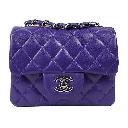 Geantă Chanel Classic MINI cu clapă violetă, piele de oaie originală CF1115 argintie