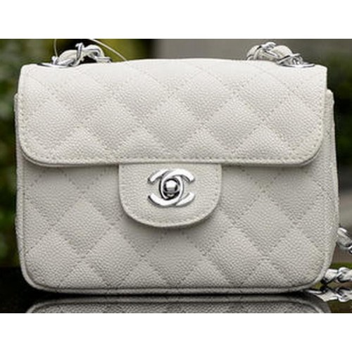 Geantă Chanel Classic MINI cu clapă, model Cannage alb A1115 argintiu