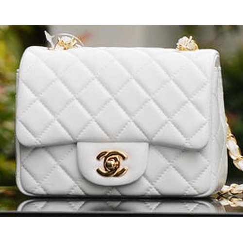 Geantă Chanel Classic MINI cu clapă, piele de oaie albă A37585 aurie