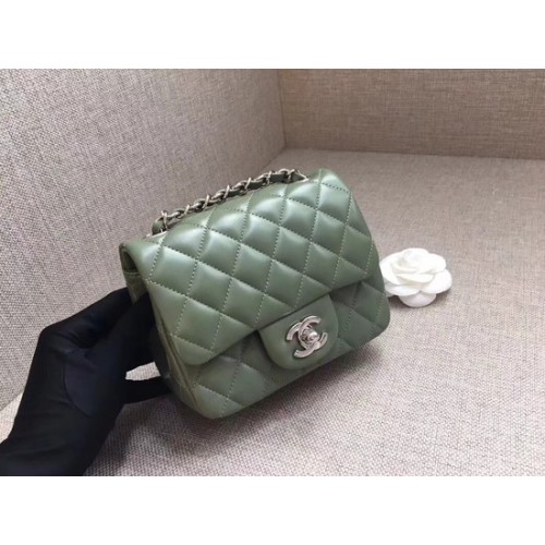 Geantă Chanel Classic MINI cu clapă, piele de oaie originală A1115, lanț argintiu verde