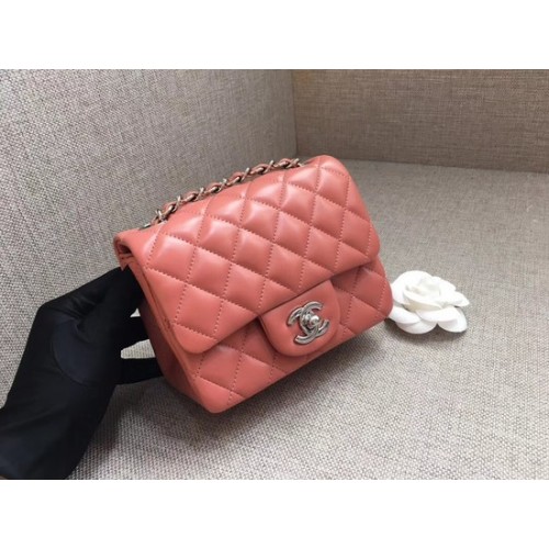 Geantă Chanel Classic MINI cu clapă, piele de oaie originală A1115, lanț argintiu roz