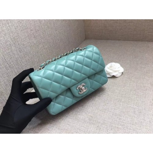 Geantă Chanel Classic MINI cu clapă, piele originală din piele de oaie A1116, lanț argintiu albastru deschis