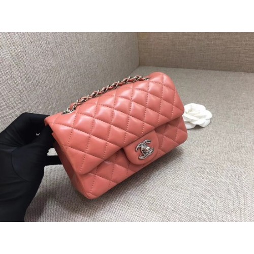 Geantă Chanel Classic MINI cu clapă, piele de oaie originală A1116, lanț argintiu roz