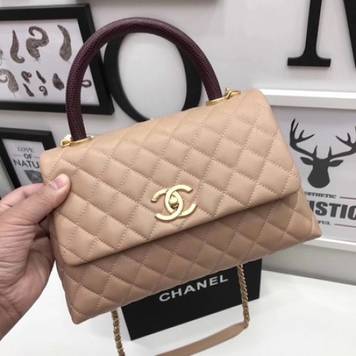 Geantă Chanel Classic Red Top Handle Apricot Piele Originală A92991 Auriu