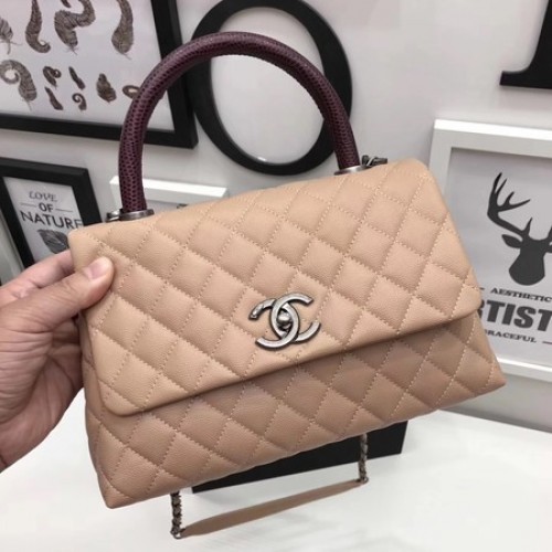 Geantă Chanel Classic Red Top Handle Apricot Piele Originală A92991 Argintie