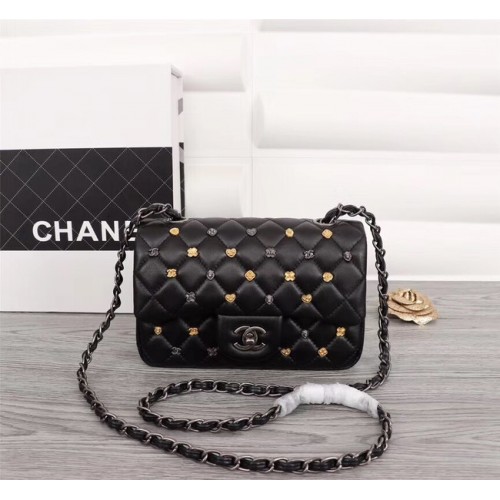 Geantă crossbody Chanel Classic Sheepskin Leather A1116 negru argintiu-Metal