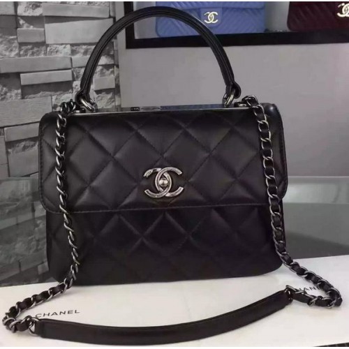 Geantă Chanel Classic Top Flap neagră din piele originală A98079 argintie