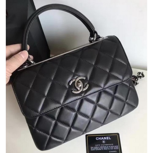 Geantă Chanel Classic Top Flap neagră, din piele de oaie originală A92236 argintie
