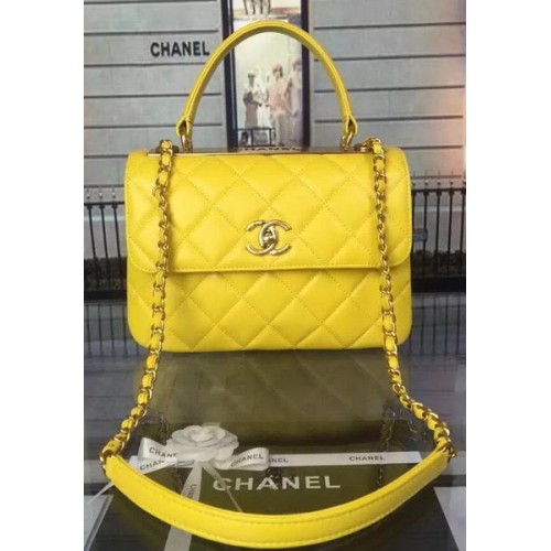 Geantă Chanel Classic Top Flap, piele de oaie originală A92236 galbenă