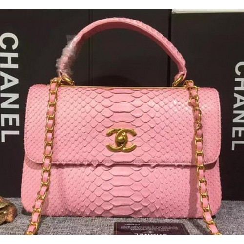 Geantă Chanel Classic Top Flap, piele originală cu model șarpe A90095 roz