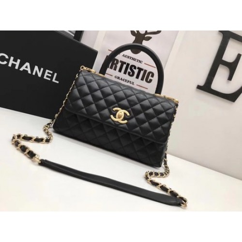 Geantă Chanel Classic cu mâner superior, neagră, din piele originală, A92991, aurie