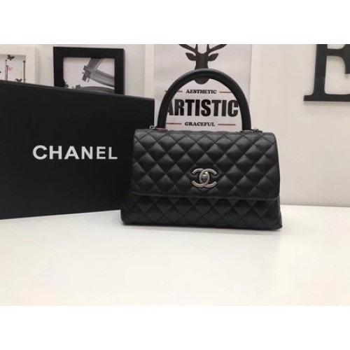 Geantă Chanel Classic cu mâner superior, neagră, din piele originală, A92991, argintie