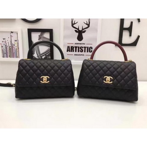 Geantă Chanel Classic cu mâner superior, piele neagră, piele de oaie, A92991, auriu