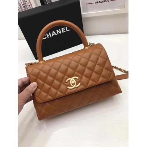 Geantă Chanel Classic cu mâner superior, maro, din piele originală A92991, auriu