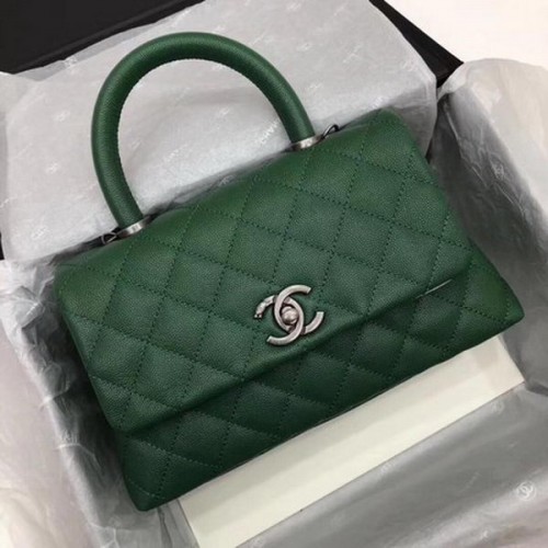 Geantă Chanel Classic cu mâner superior, model Cannage verde A92290 argintiu