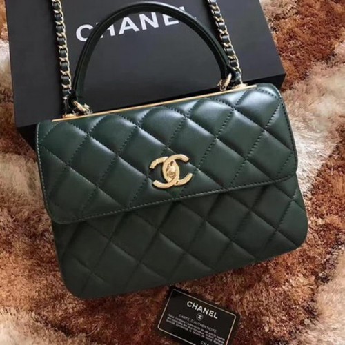 Geantă Chanel Classic cu mâner superior, verde, piele de oaie A92991, auriu