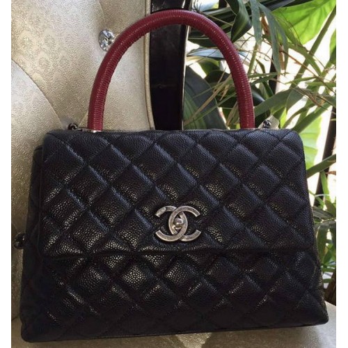 Geantă Chanel Classic cu mâner superior, model original Cannage A95169, negru și roșu