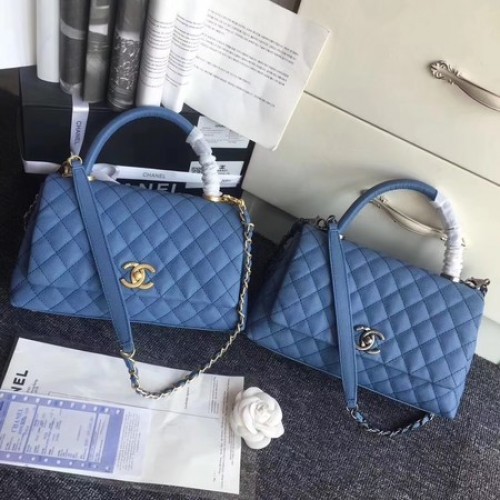 Geantă Chanel Classic cu mâner superior, model original Cannage A96901 albastră