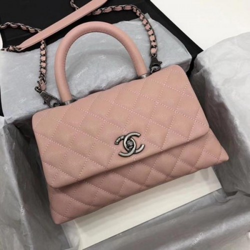Geantă Chanel Classic cu mâner superior, model Cannage roz A92290 argintiu