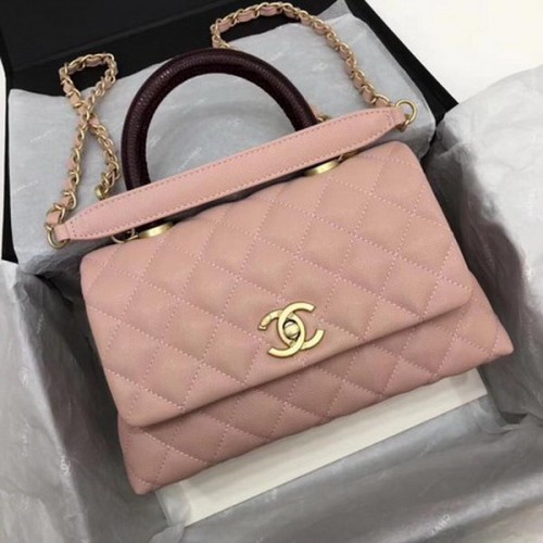 Geantă Chanel Classic cu mâner superior, roz, model Cannage, A92290, vin
