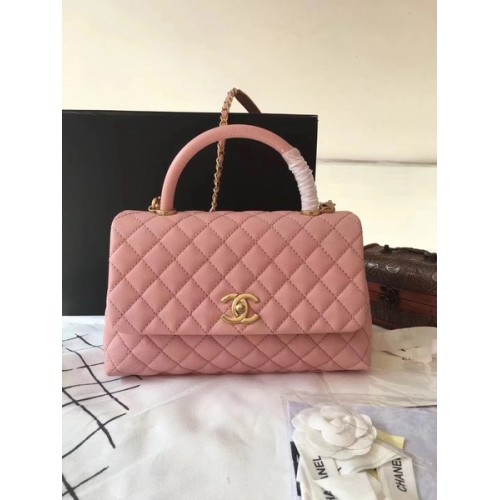Geantă Chanel Classic cu mâner superior roz, piele originală A92292 aurie