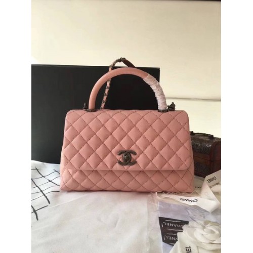 Geantă Chanel Classic cu mâner superior, roz, din piele originală, A92292, argintie