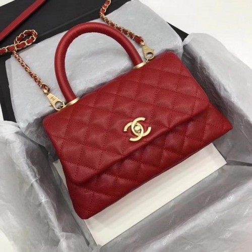 Geantă Chanel Classic cu mâner superior, model Cannage roșu A92290 auriu