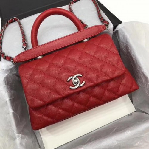 Geantă Chanel Classic cu mâner superior, model Cannage roșu A92290 argintiu