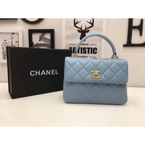Geantă Chanel Classic cu mâner superior din piele de oaie CHA2371 Albastru cer