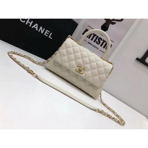 Geantă Chanel Classic cu mâner superior, albă, model Cannage, A92290, aurie