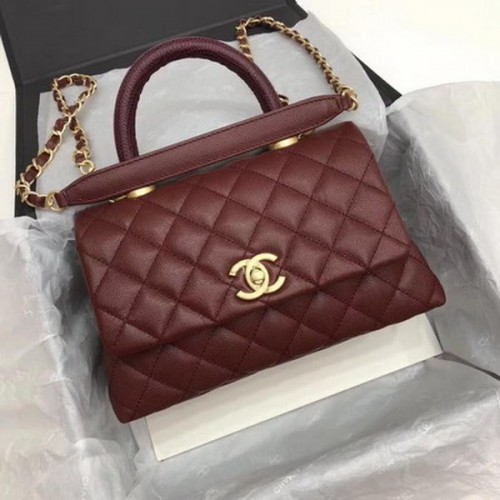 Geantă Chanel Classic cu mâner superior, model Cannage Wine A92290, auriu