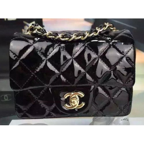 Geantă Chanel Classic mini cu clapă neagră, piele originală lacuită CF7171 aurie