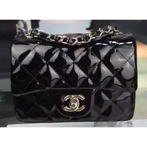 Geantă Chanel Classic mini cu clapă neagră, piele originală lacuită CF7171 argintie