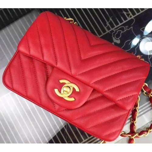 Geantă Chanel Classic mini cu clapă, din piele de oaie Chevron A68748 Roșu