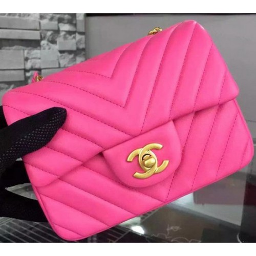 Geantă Chanel Classic mini cu clapă, piele de oaie Chevron A68748 Roz