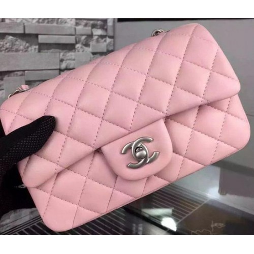 Geantă Chanel Classic mini cu clapă, piele de oaie roz A67350 argintie