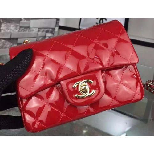 Geantă Chanel Classic mini cu clapă roșie, piele originală lacuită CF7171 aurie