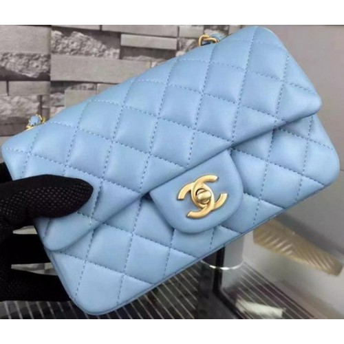 Geantă Chanel Classic mini cu clapă, piele de oaie, albastru-cenușiu, A67350, auriu