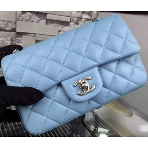 Geantă Chanel Classic mini cu clapă, piele de oaie, albastru-cenușiu, A67350, argintiu