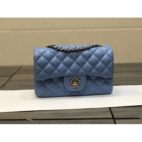 Geantă Chanel Classic mini Flap Original din piele de oaie 1116 albastră