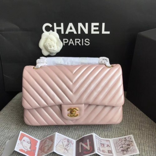 Geantă de umăr Chanel Classic originală din piele de oaie 1112V cu lanț de aur roz