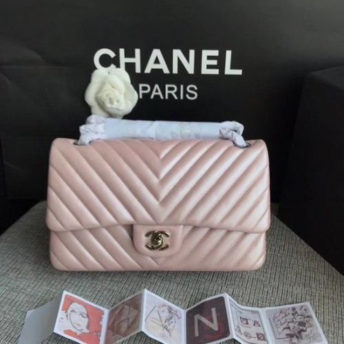 Geantă de umăr Chanel Classic originală din piele de oaie 1112V lanț roz argintiu