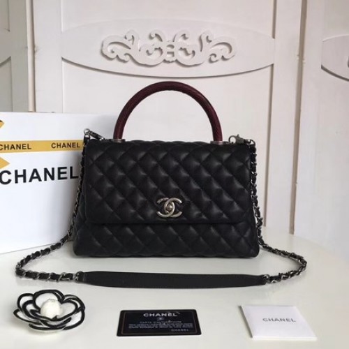 Geantă Chanel Classic roșie cu mâner superior, piele originală Caviar A92215 neagră