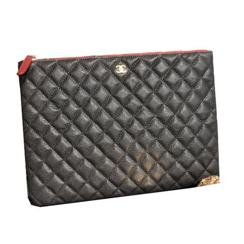 Geantă de mână Chanel, model Cannage, neagră, din piele, A82044, aurie