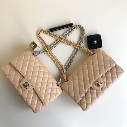 Genți Chanel cu clape duble Apricot Original Caviar Leather A1112 Auriu sau Argintiu